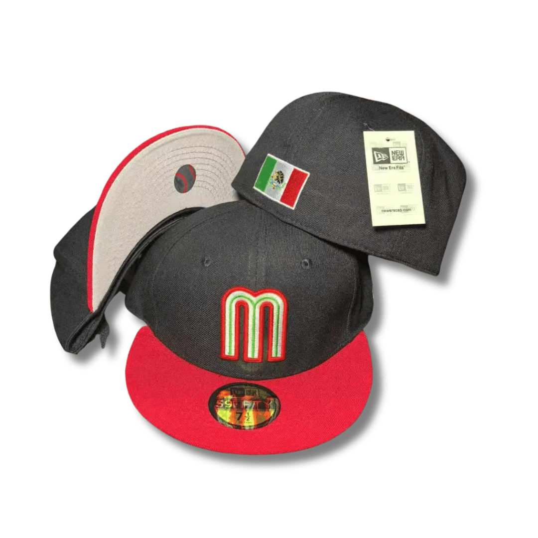 Team Mexico with Embroidered Logo and Red Brim Black – Fitted Cap